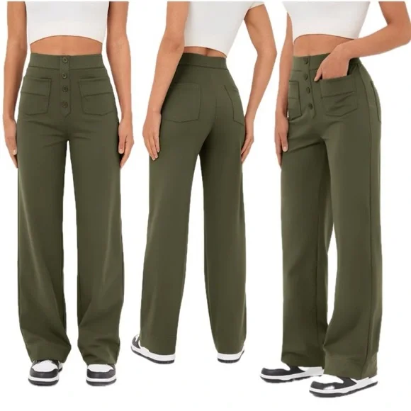 HALARA High Waisted Button Straight Leg Casual Pants In Forest Night Sz M - Picture 3 of 8